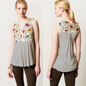 Anthropologie Tiny Embroidered Flowers and Stripes Sleeveless Top